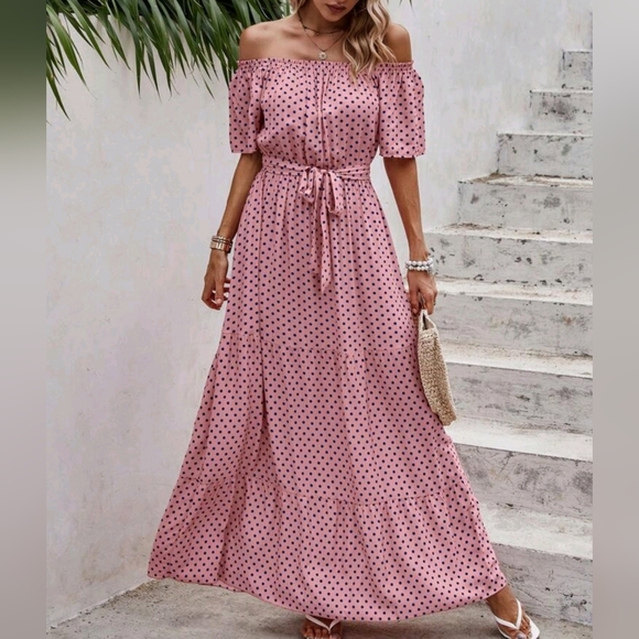 New Chic Polka Dot Off Shoulder Maxi Dress Muted Pink Black - Picture 4 of 7